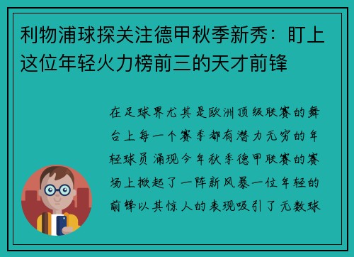 利物浦球探关注德甲秋季新秀：盯上这位年轻火力榜前三的天才前锋