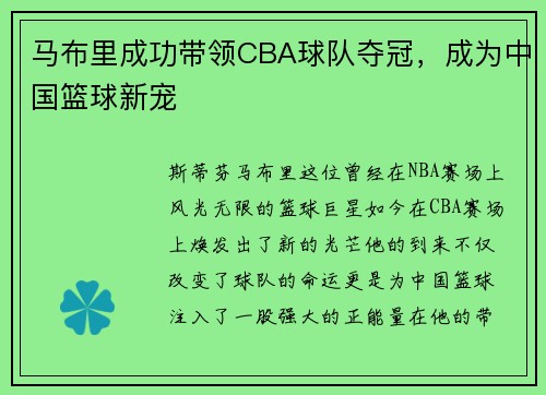 马布里成功带领CBA球队夺冠，成为中国篮球新宠