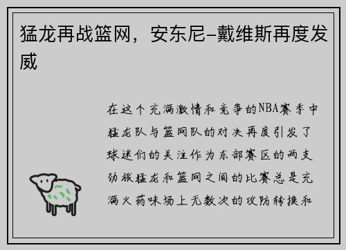 猛龙再战篮网，安东尼-戴维斯再度发威