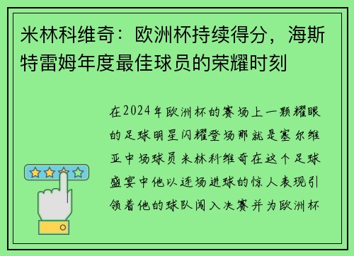 米林科维奇：欧洲杯持续得分，海斯特雷姆年度最佳球员的荣耀时刻