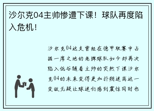 沙尔克04主帅惨遭下课！球队再度陷入危机！